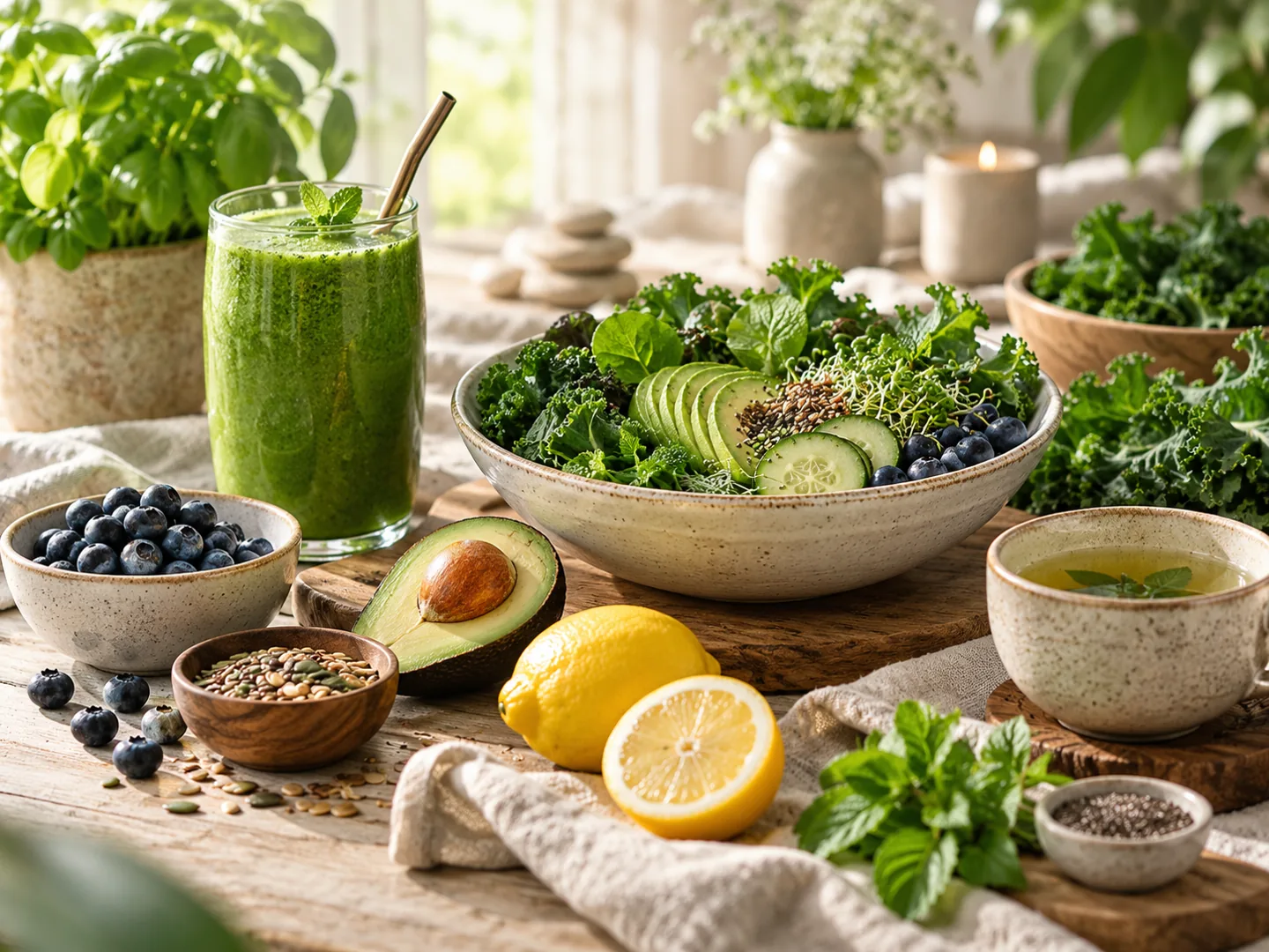 Fresh plant-based meal, greens and smoothie in natural light